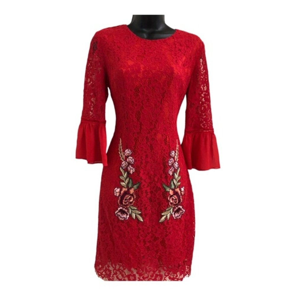 Ava Rose red lace peplum bell sleeve embroidered fitted sheath dress size small - Picture 4 of 12